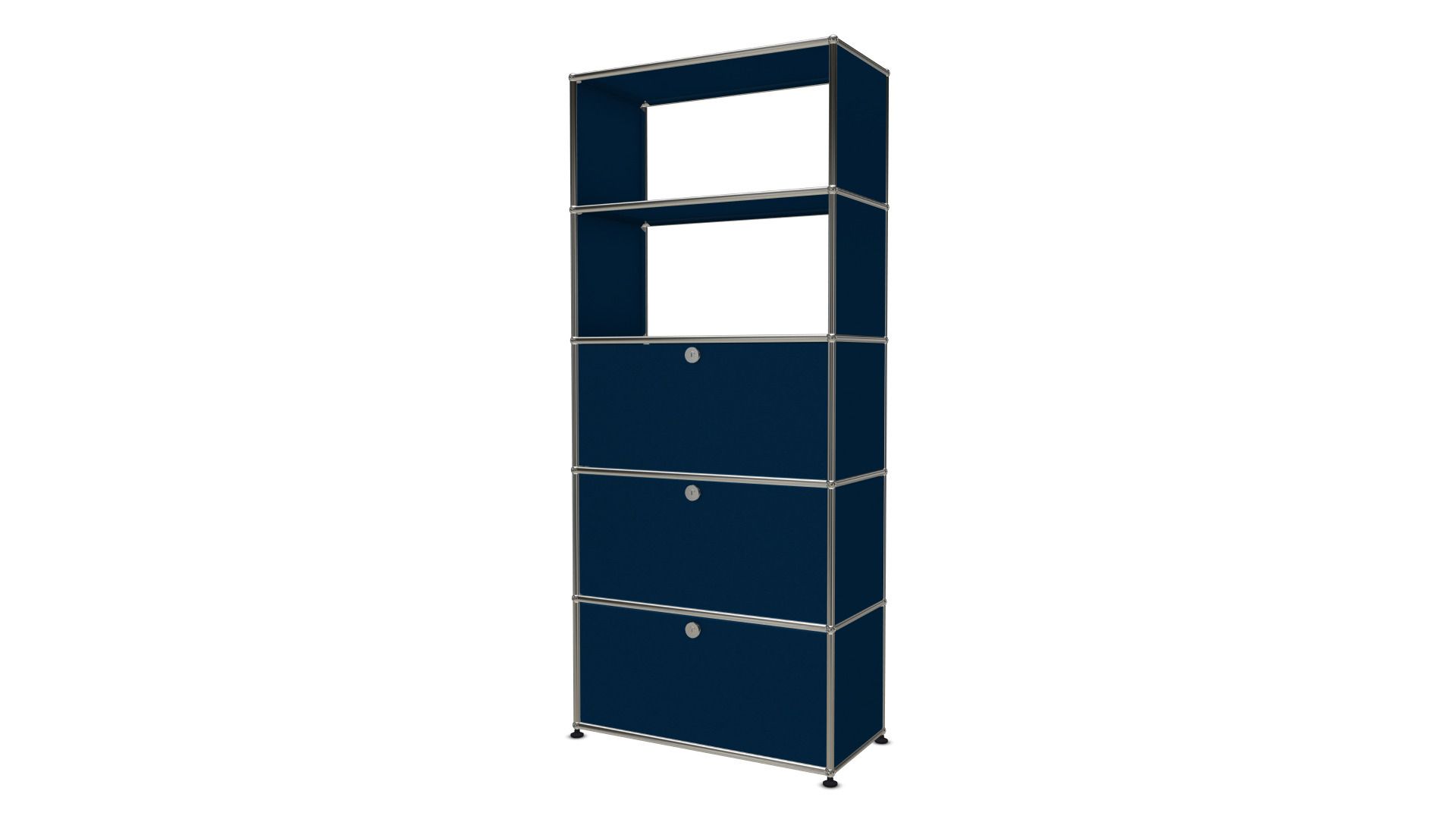 Blaues USM Haller Regal mit einer Schublade und zwei Klappen, modernes modulares Möbeldesign.