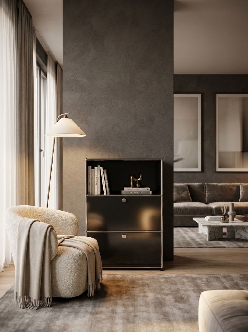 USM Haller Highboard mit 2 Klappen und 1 Fach offen-reinweiß