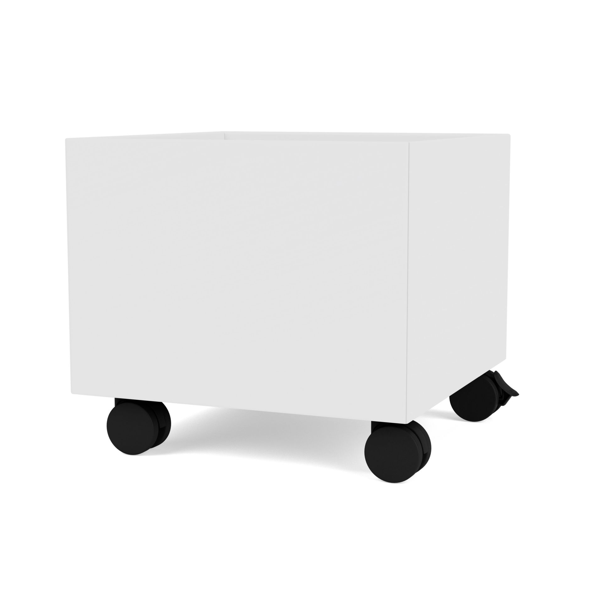 Weiße Mini Play Aufbewahrungsbox von Montana mit schwarzen Rollen für Kinderzimmer und Büro.