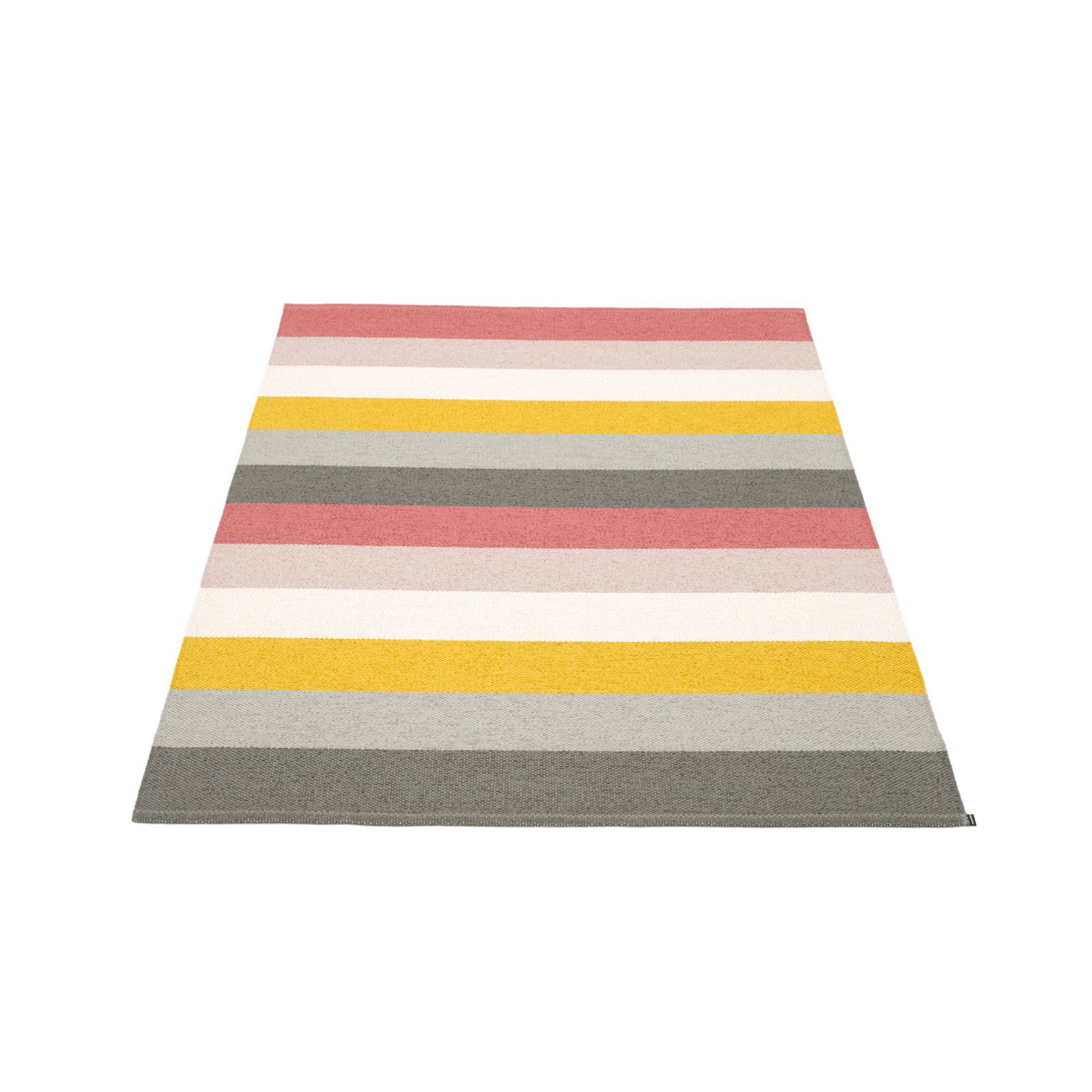 Pappelina Molly Kunststoffteppich mit bunten Streifen in Rosa, Gelb und Grau, 140x200 cm.