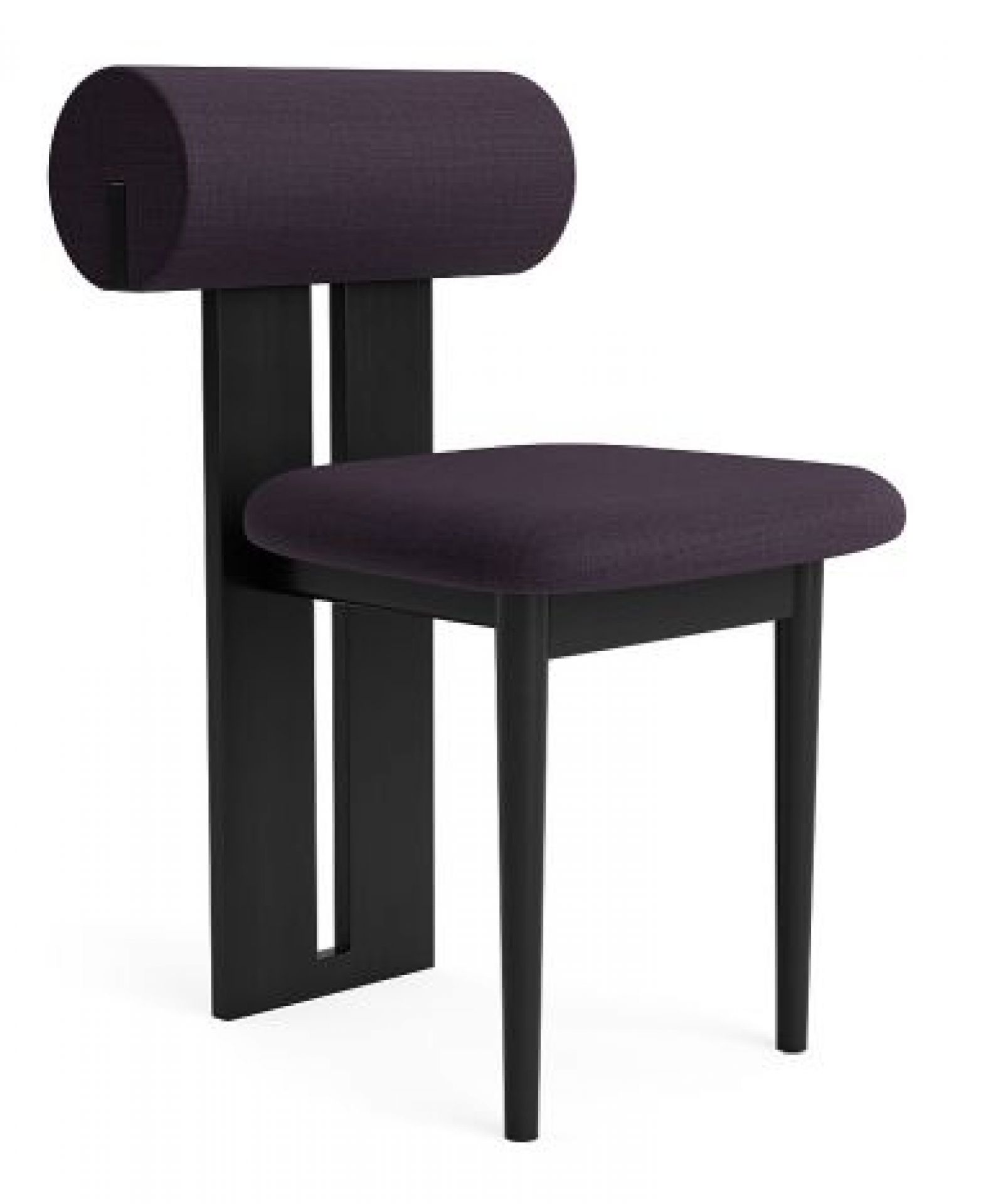 Hippo Stuhl mit schwarzem Eichengestell und lila Kvadrat Canvas Bezug, modernes Möbeldesign.