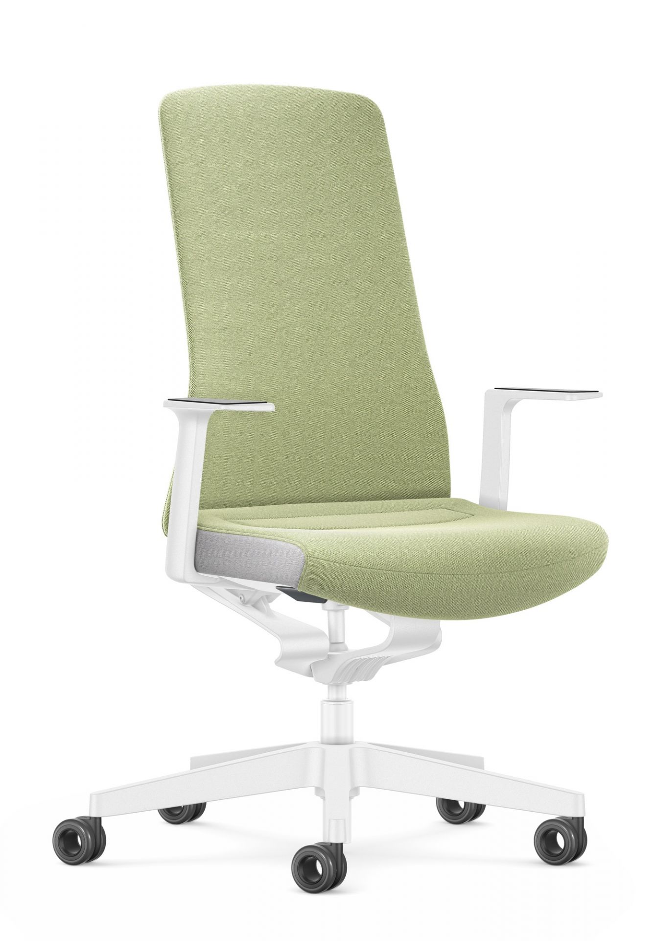 Grüner Interstuhl Bürodrehstuhl mit weißem Gestell und Armlehnen. Ergonomischer Bürostuhl für das Büro.
