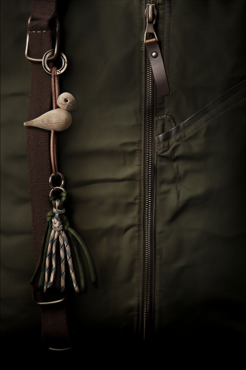 Bird oak golden coloured metal keyring pendant with natural leather Kay Bojesen
