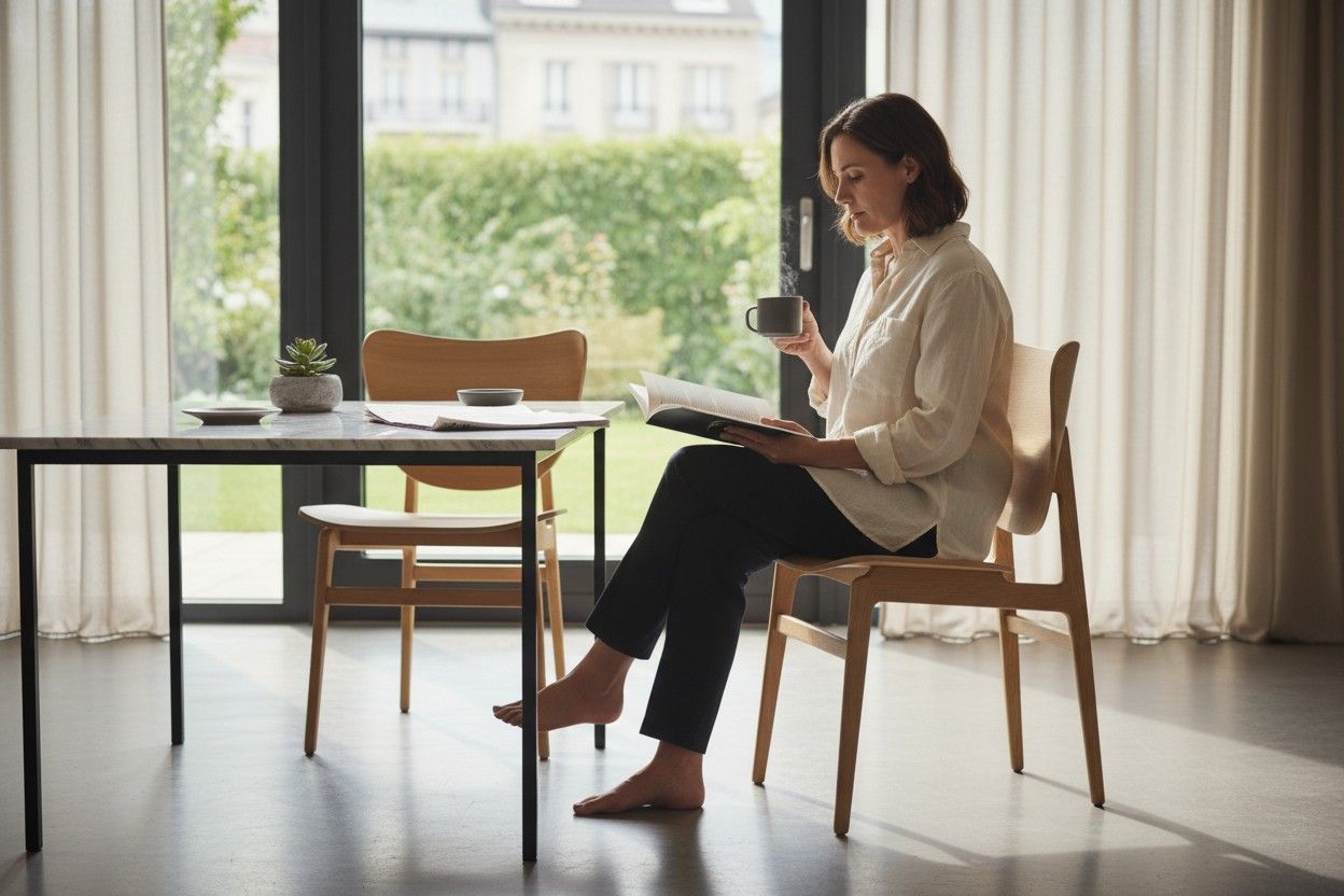 Frau liest auf einem NORR11 Elephant Dining Chair Stuhl mit hellen Holzbeinen und schlankem Design.