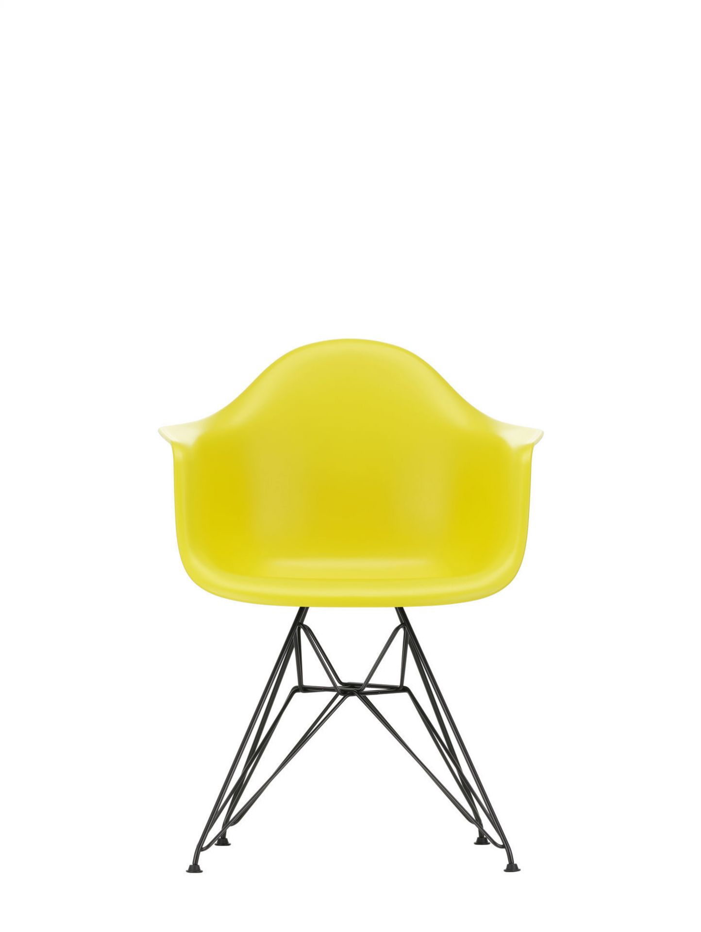 Gelber Eames Plastic Arm Chair DAR Stuhl von Vitra mit verchromtem Gestell, Frontansicht.