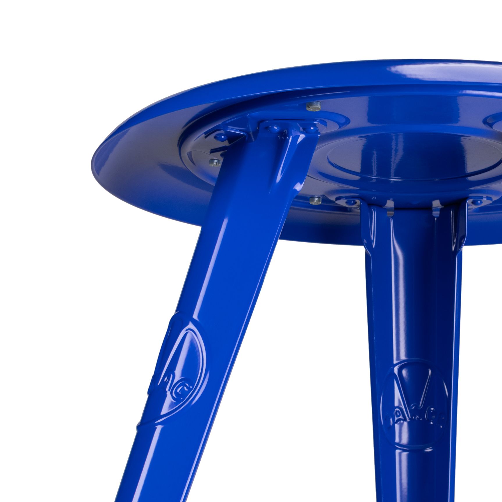 Detailaufnahme des blauen Rowac Schemel IS 48 cm Hocker mit runder Sitzfläche und Stahlbeinen.