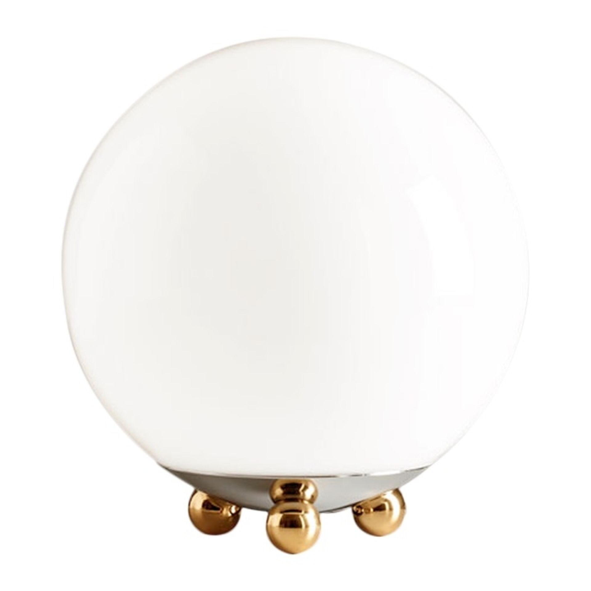 Art Déco Tischleuchte AD32 von Tecnolumen: Runde Lampe mit goldenen Füßen und weißem Glasschirm.