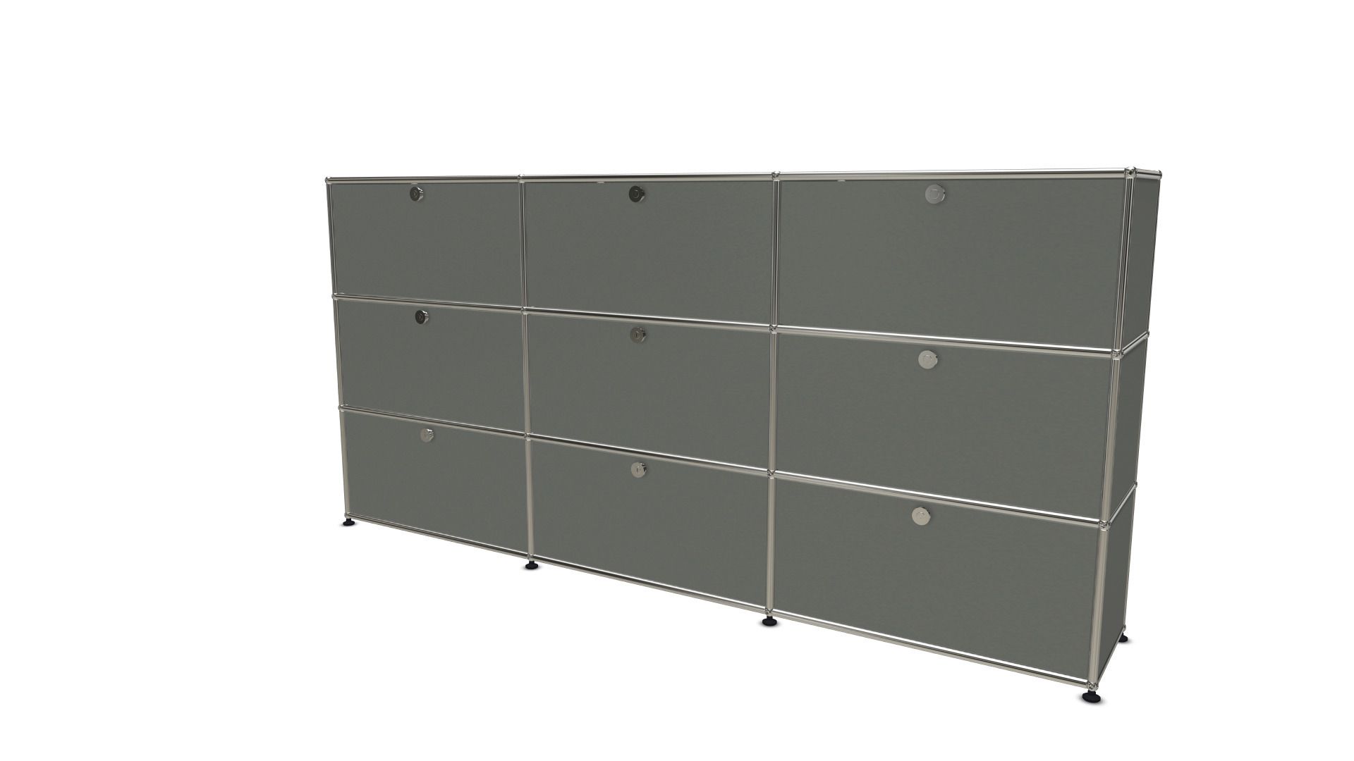 USM Haller Highboard in Mittelgrau mit neun Klappen, modernes Designmöbel für stilvolle Wohnraumgestaltung und Büroorganisation.