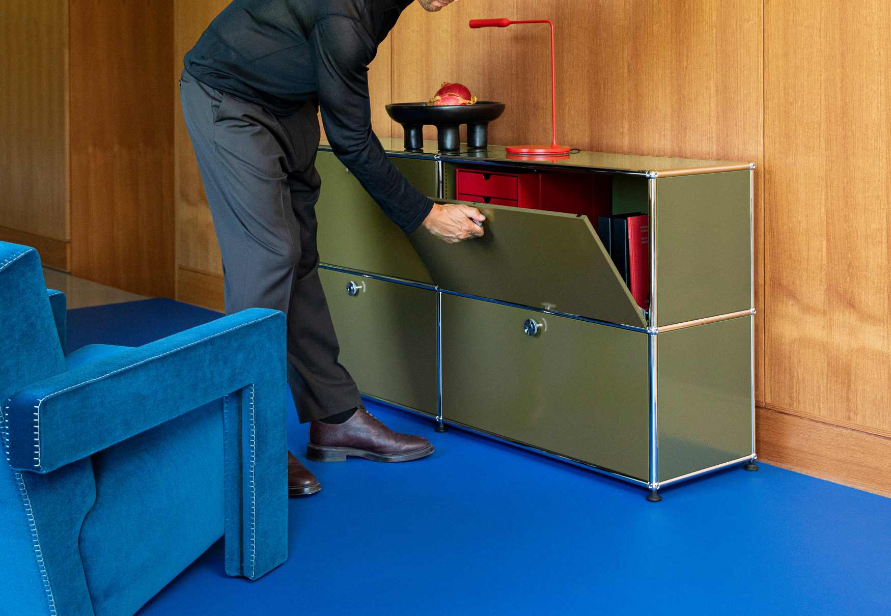 USM Haller sideboard with four hinged doors olive green NEW STANDARD COLOUR