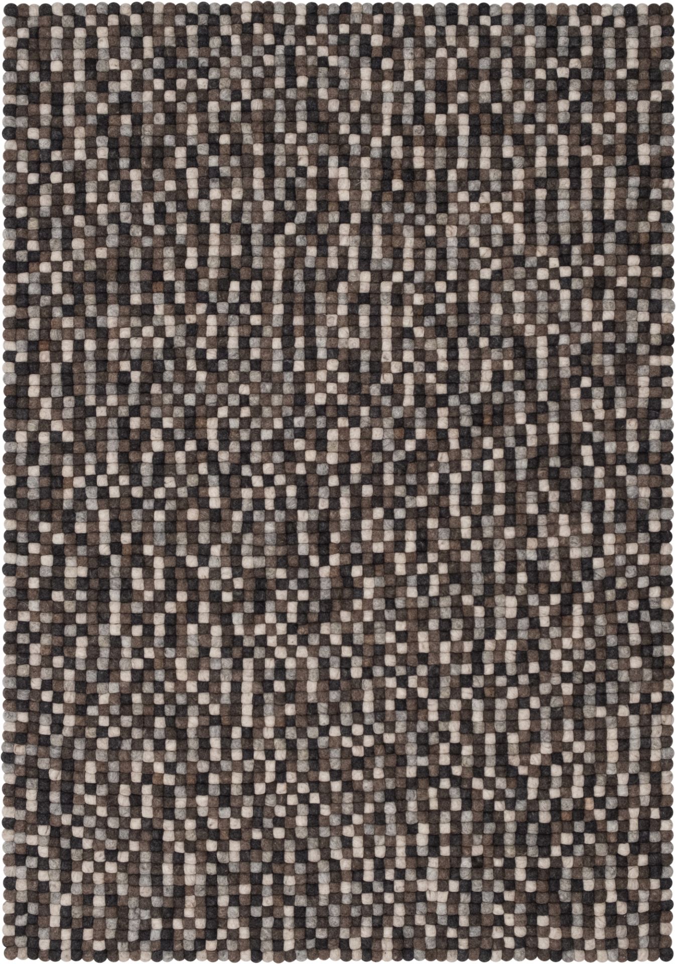 Detailansicht: Myfelt Nela Filzkugel Teppich 160x230 cm in Braun- und Grautönen. Handgefertigter Wollteppich.
