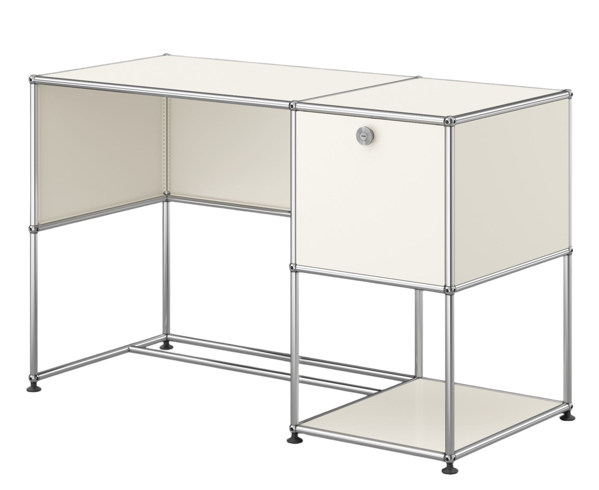 USM Haller Schreibtisch in Reinweiss mit einem Schubladenelement und verchromtem Gestell für das Homeoffice.