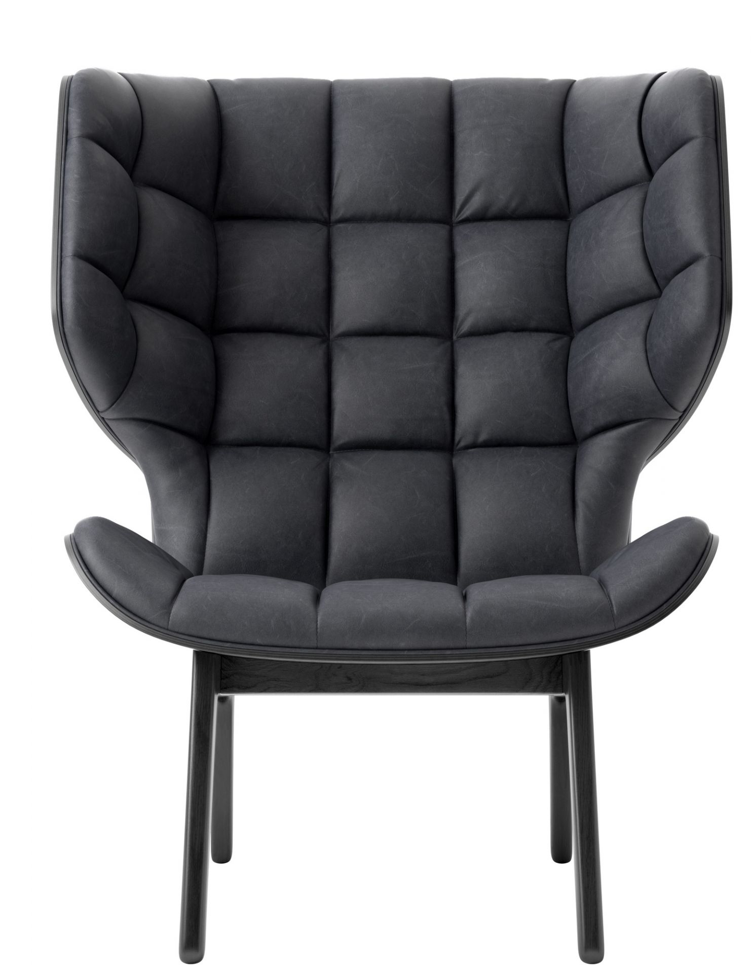 Anthrazitfarbener Mammoth Chair Sessel mit gestepptem Lederbezug und schwarzem Eichenholzgestell. Design Sessel für Wohnzimmer.