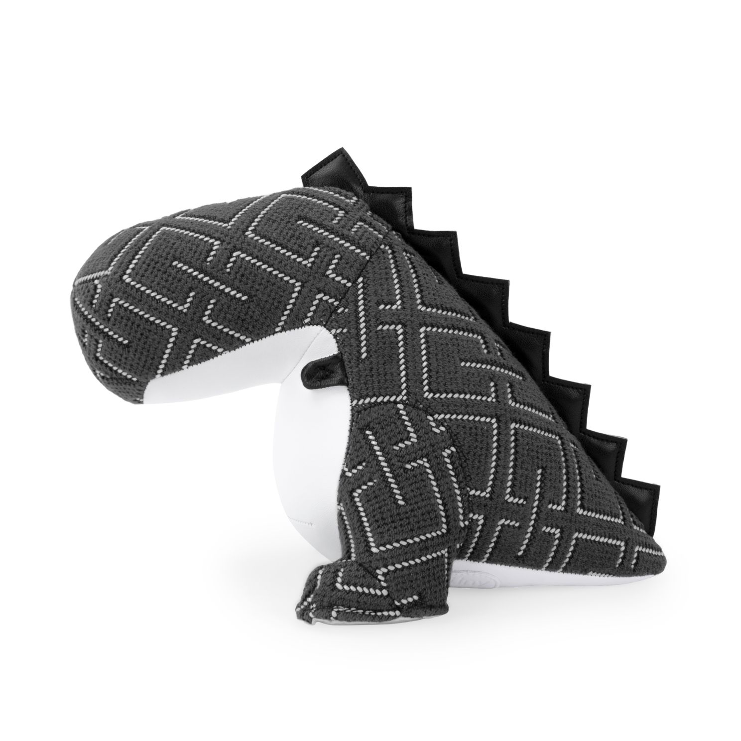 Dunkelgraue Dinosaurier Buchstütze Bobo Grid von Züny x KVADRAT, Stofftier mit geometrischem Muster.