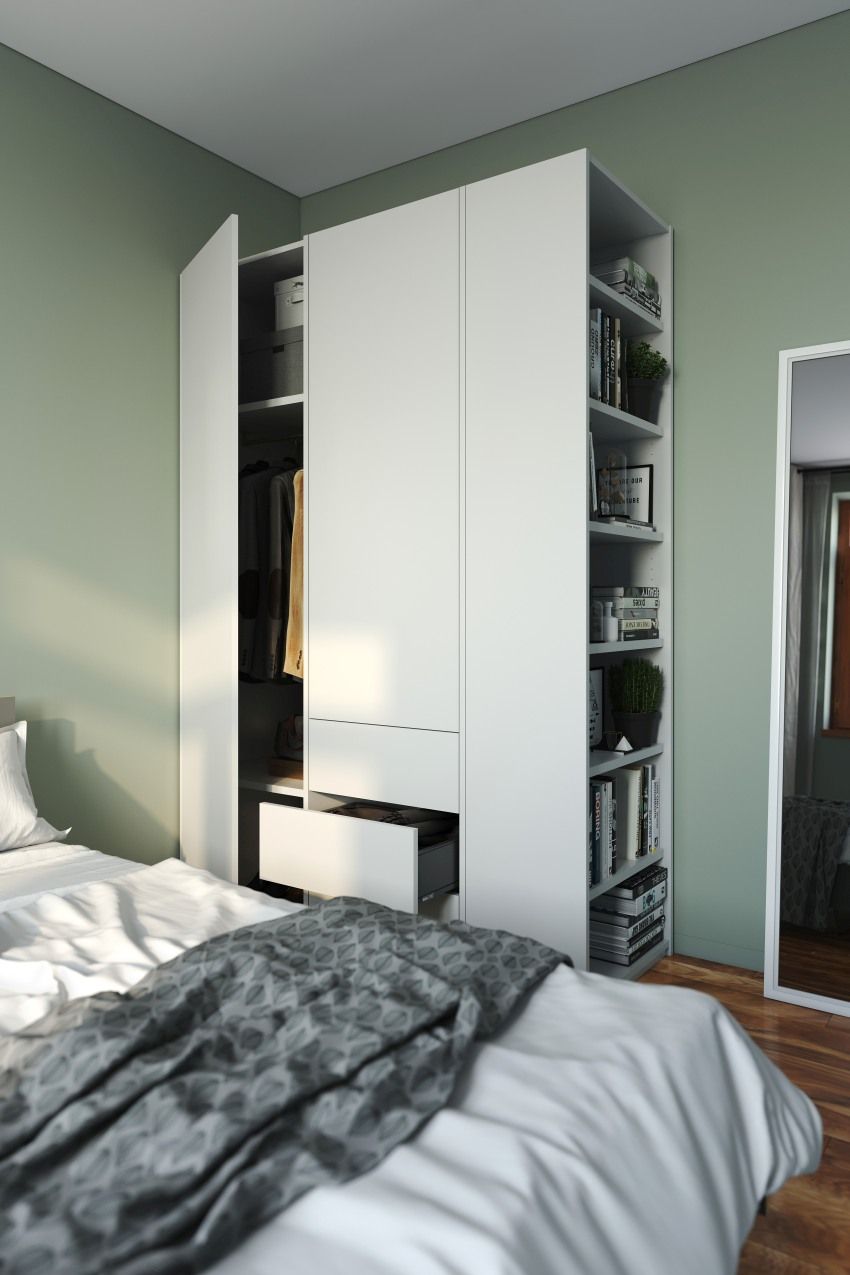 MODULAR PLUS wardrobe combination with add-on shelf on the right and 3 drawers Müller Möbelwerkstätten