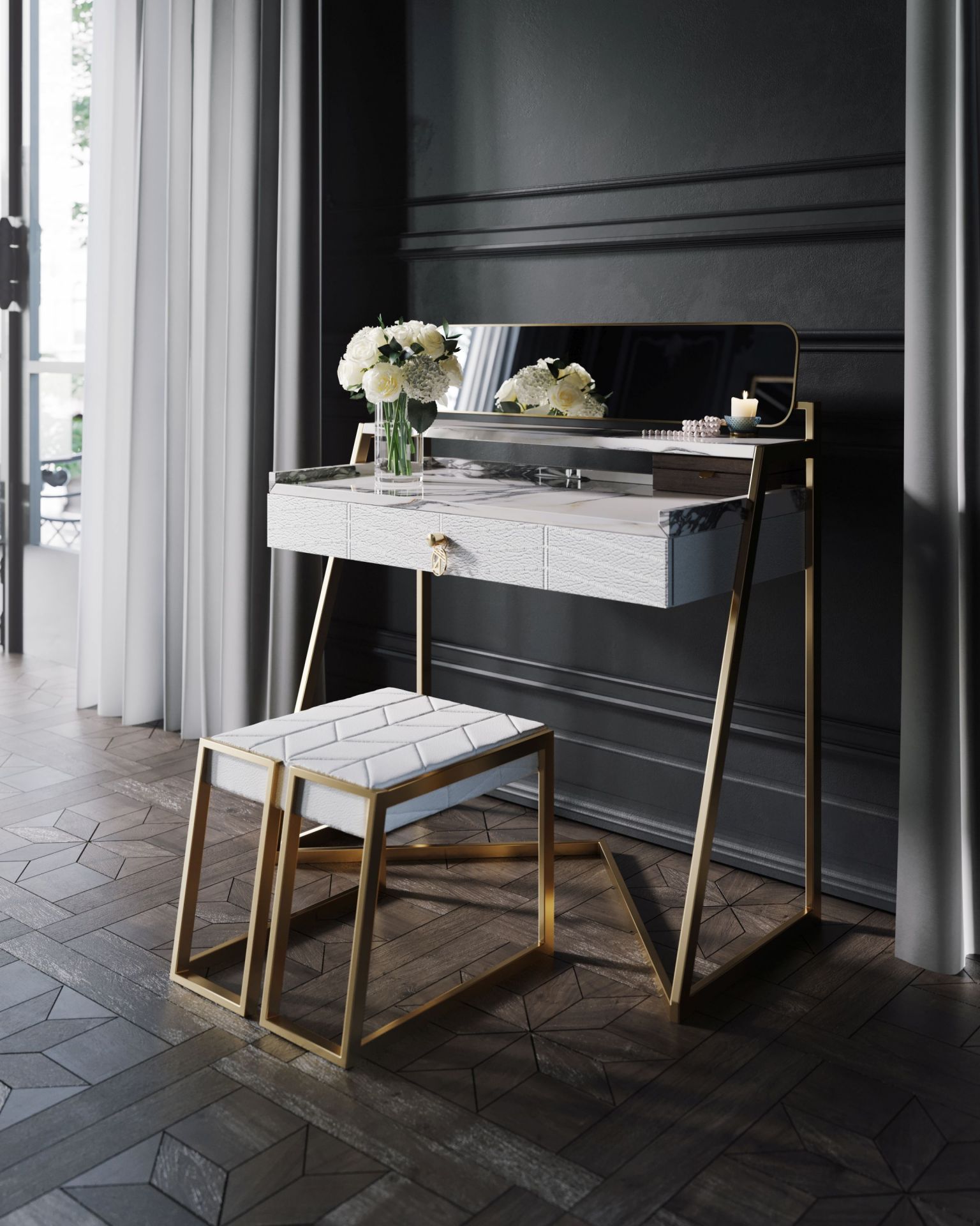 Kiki Dressing Table Arabescatto Marble, White Leather and Matt Gold Mansi London