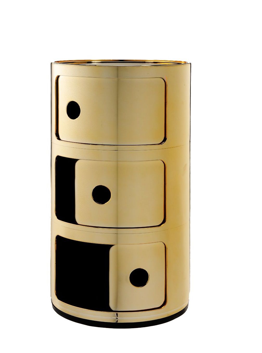 Goldener Componibili 3er Element von Kartell, runder Nachttisch mit drei Fächern und runden Griffen.