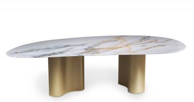 Pam Dining Table Arabescatto Marble and Gold Leather Mansi London