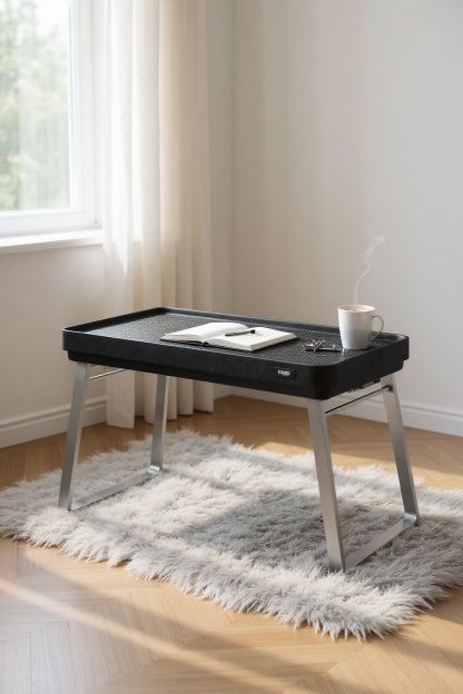Schwarzer Vipp Tray Mini Tisch mit silbernen Beinen, darauf ein Notizbuch, Brille und eine dampfende Tasse Kaffee.