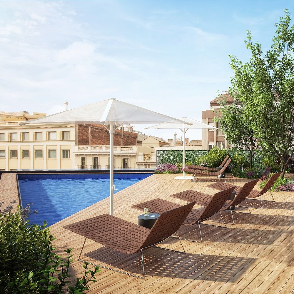 Andreu World Trenza Outdoor Liegen am Pool auf einer Dachterrasse mit Sonnenschirmen.
