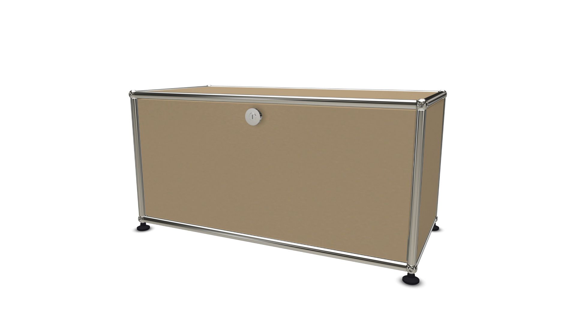 Beiges USM Haller Lowboard mit einer Klappe, Chromgestell und schwarzen Füßen, modernes Designmöbel.
