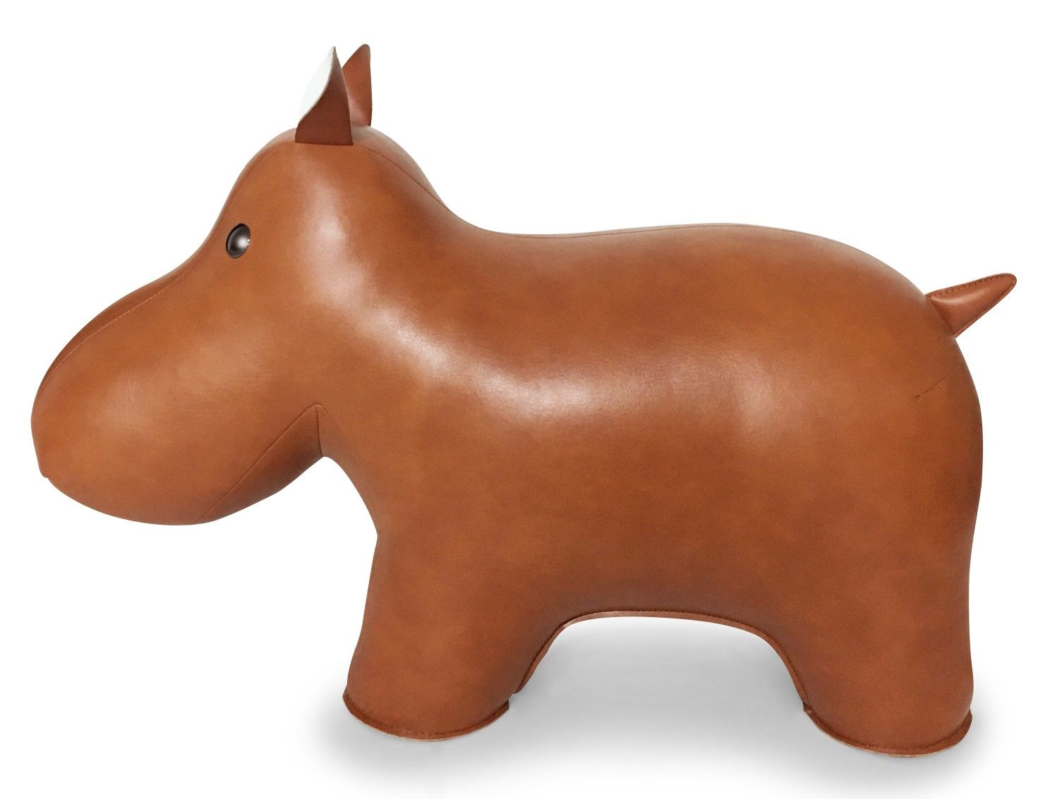 Braunes Ledertier XXL Hippo Zuny, dekoratives Wohnaccessoire und Spielzeug für Kinder, Seitenansicht.