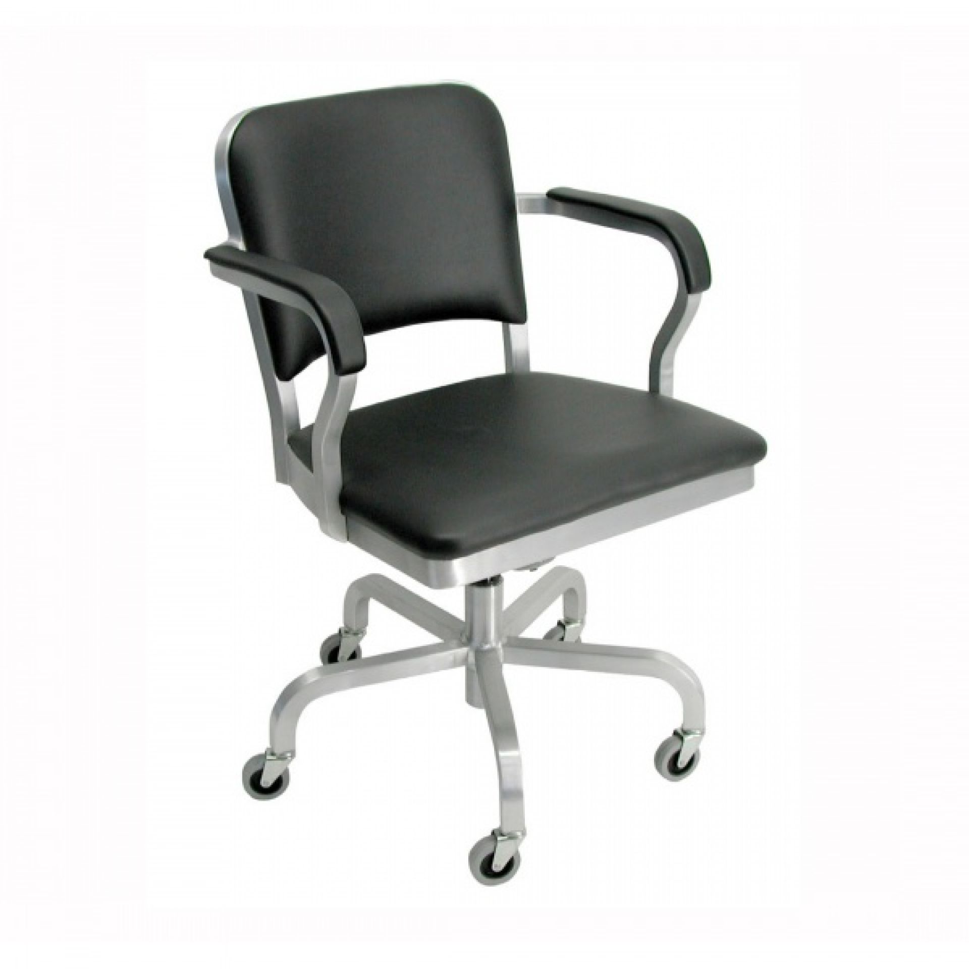 Emeco Navy Drehstuhl mit schwarzer Polsterung und Rollen, Bürostuhl aus Aluminium.