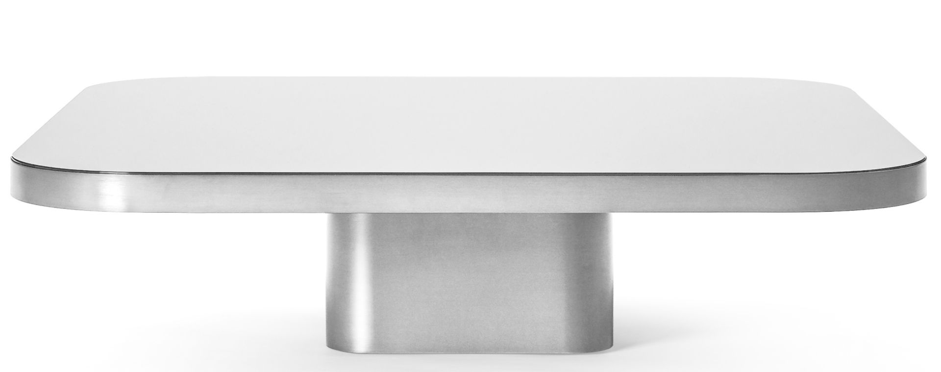 Bow Coffee Table Couchtisch No. 5 von ClassiCon mit weißer Tischplatte und silbernem Metallfuß.