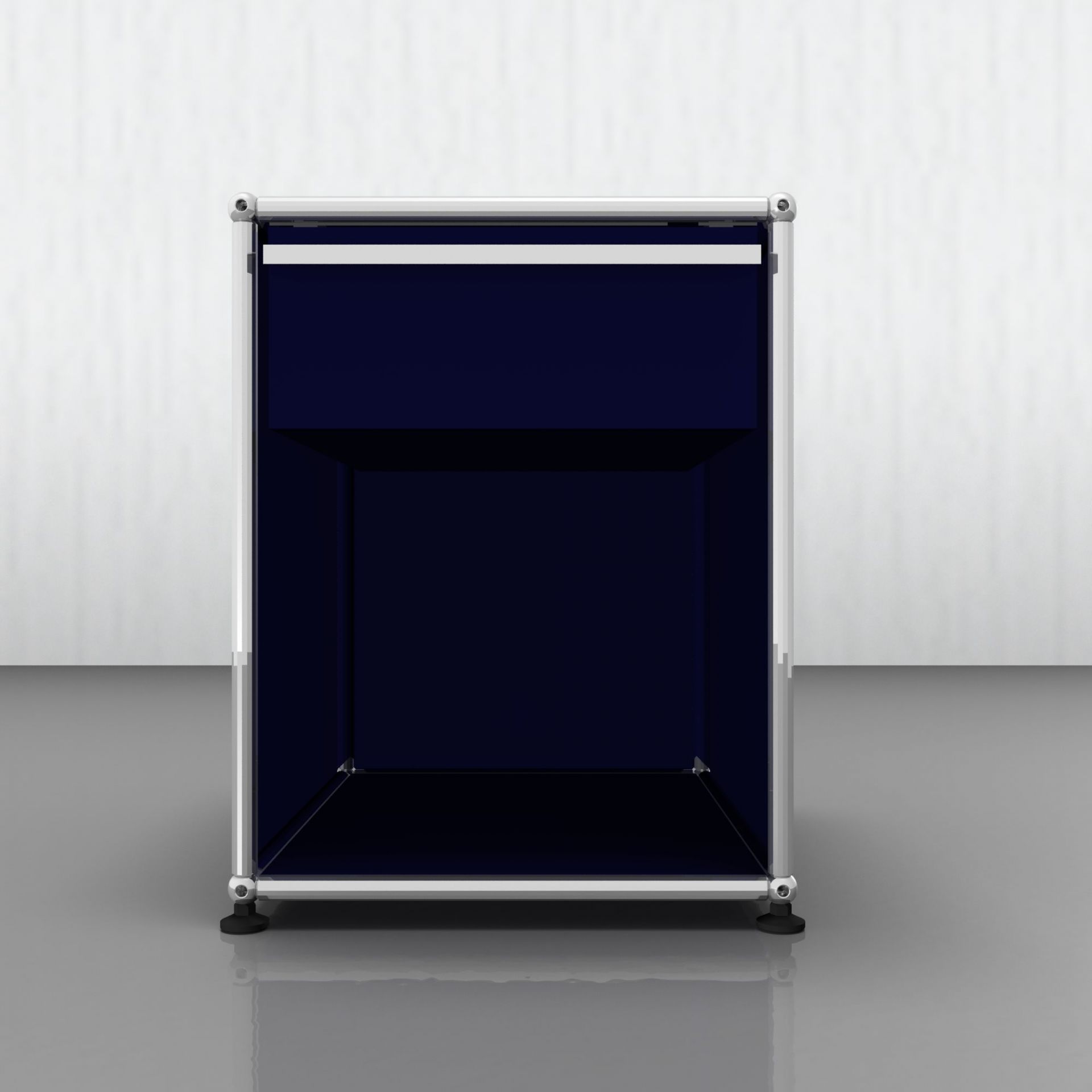 USM Haller Nachttisch in Stahlblau, minimalistisches Designmöbel für Schlafzimmer und modernes Wohnen.