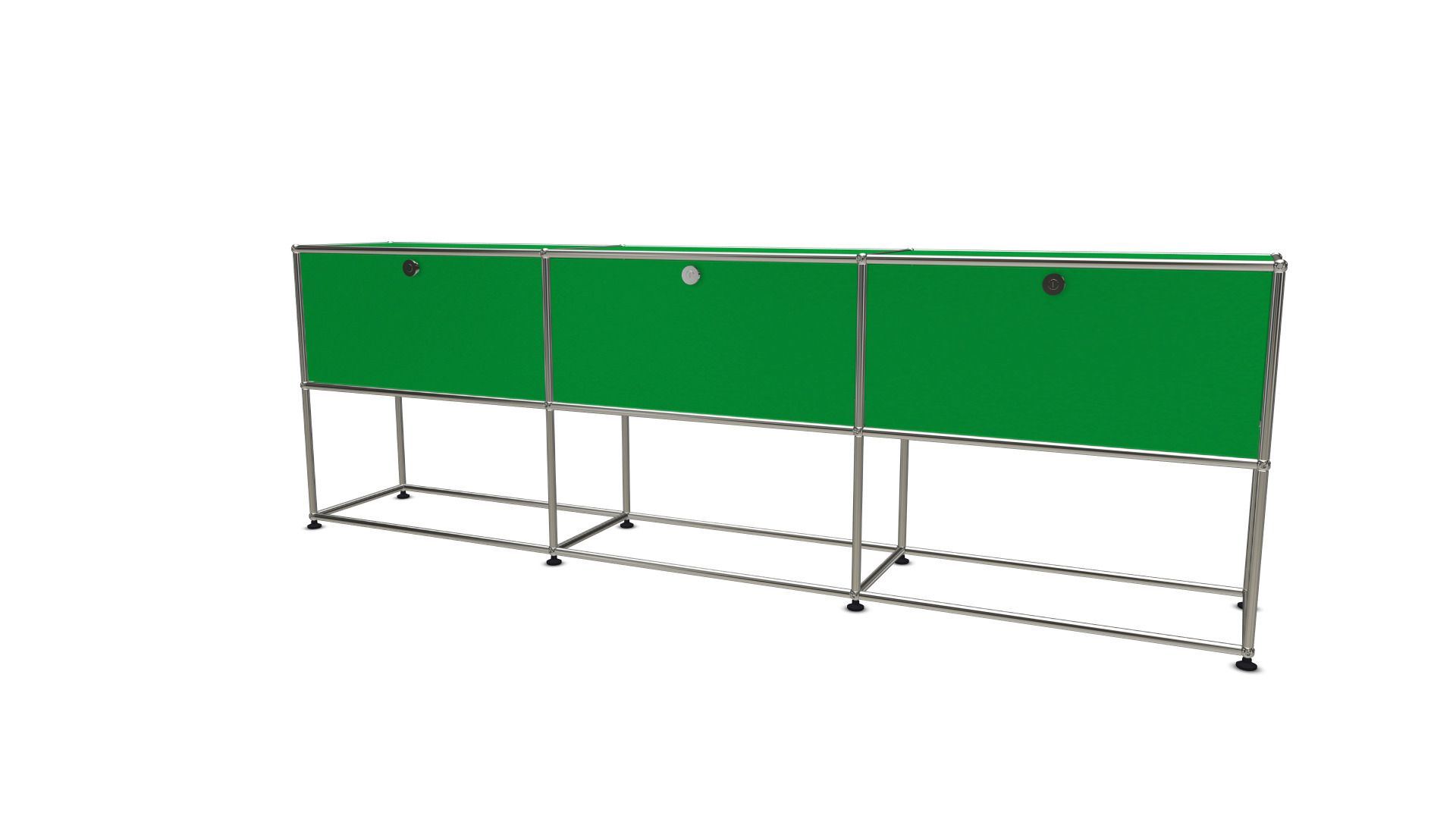 USM Haller Sideboard in Grün mit drei Klappen und verchromtem Stahlrohrgestell für modernes Wohnen.