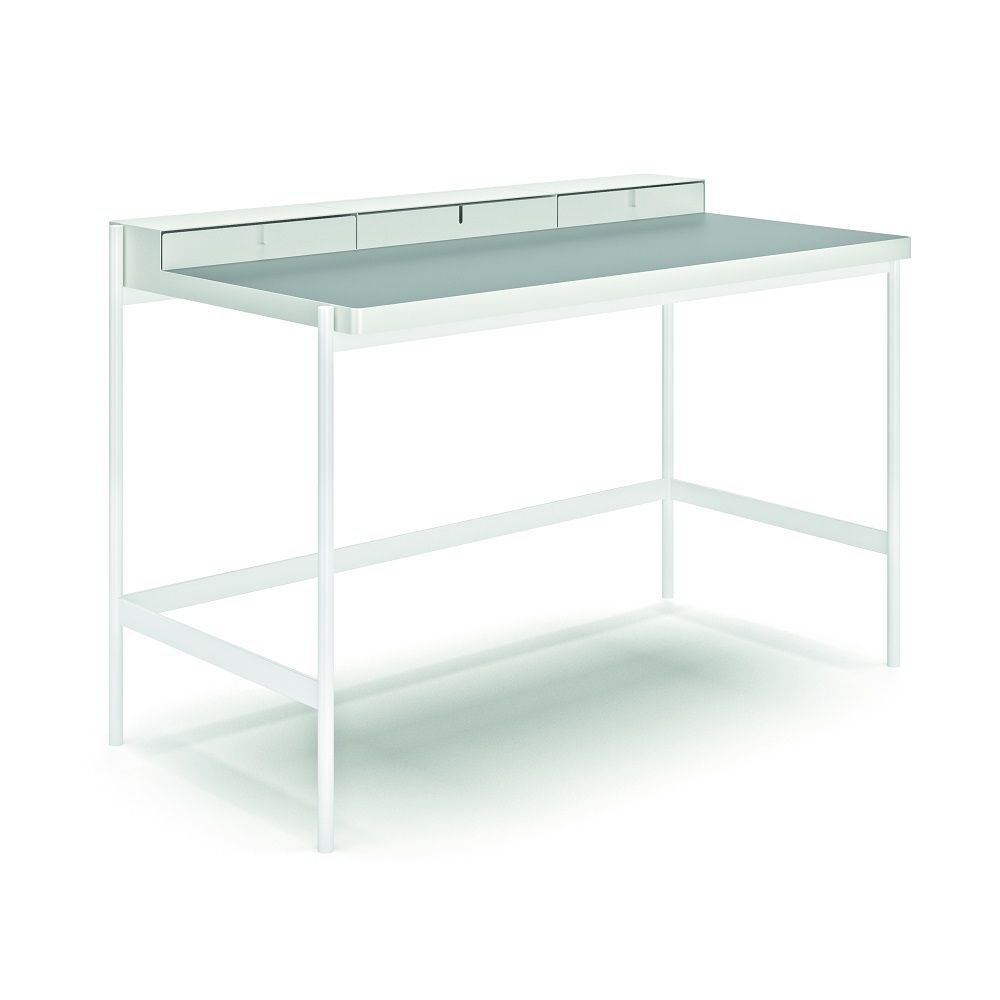 Weißer PS20 Schreibtisch von Müller Möbelfabrikation mit drei Schubladen und minimalistischem Design. Moderner Bürotisch für Arbeitszimmer.