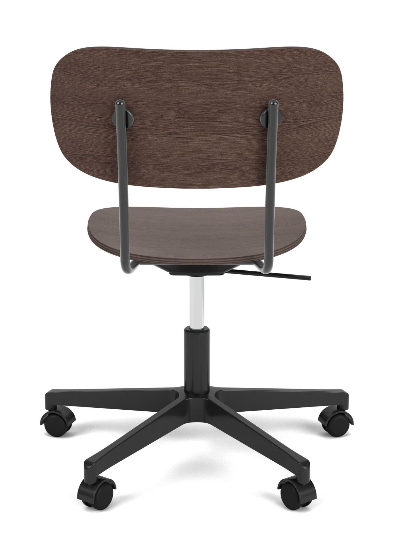 Rückansicht des Audo Copenhagen Co Task Chair Bürostuhls mit Holzschale und schwarzem Fußkreuz.